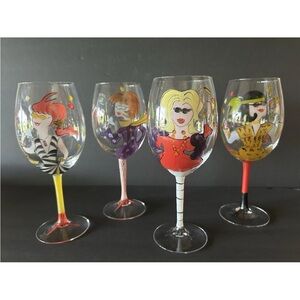 4 Handpainted Wine Glasses‎ Girls with Attitudes Night Out 16 oz/9 " Excellent